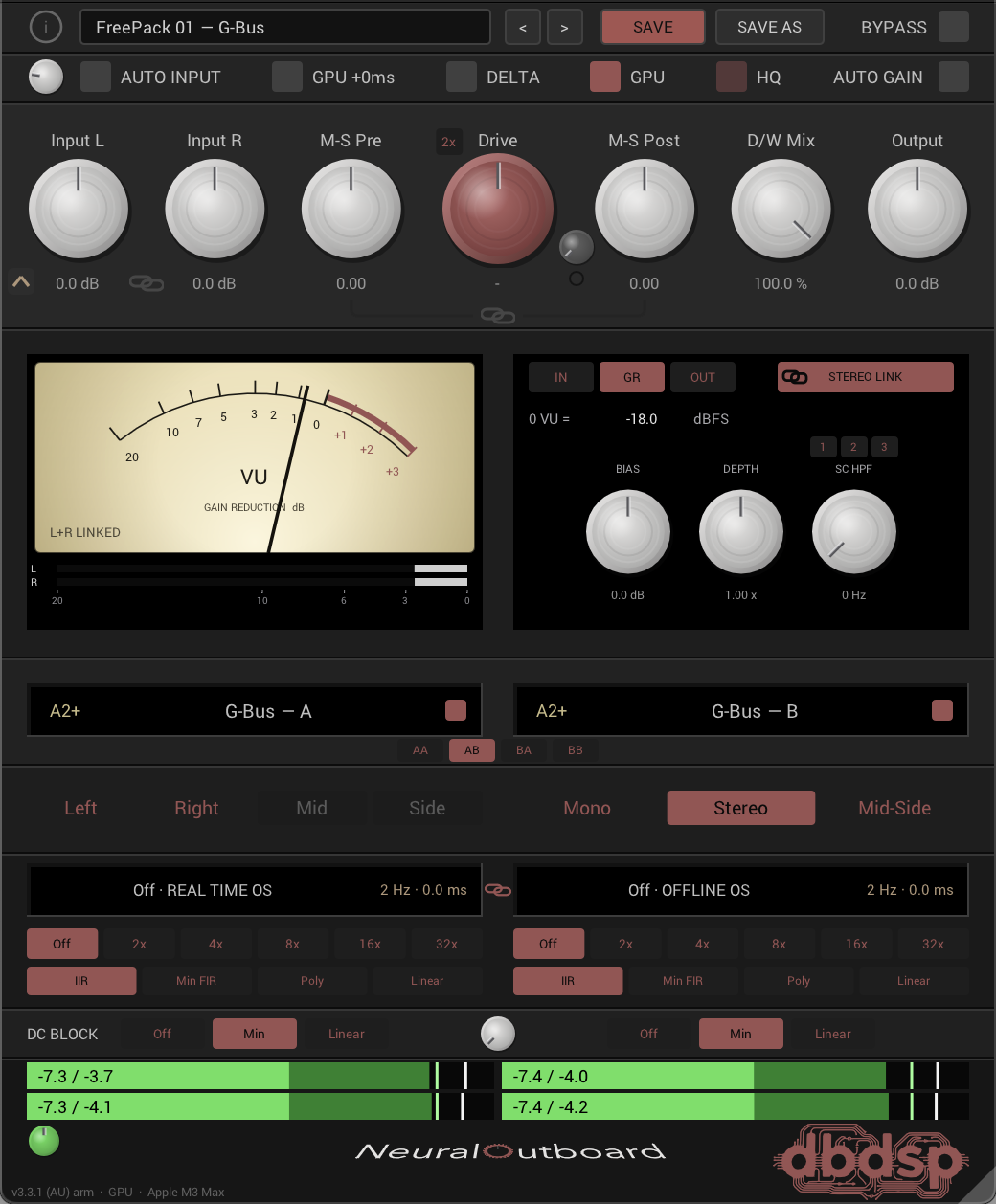 The NeuralOutboard plugin interface with an A2+ compressor capture loaded in both slots, showing the gain reduction VU meter with its Bias, Depth and SC HPF controls, the GPU, GPU +0ms and HQ buttons in the header, Drive and D/W Mix controls, Mid-Side processing, oversampling options, and the processing readout in the bottom-left corner.