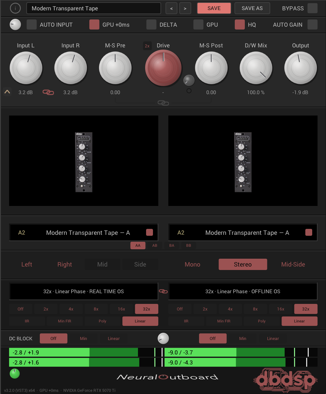 The NeuralOutboard plugin interface, showing dual neural-capture model slots, the GPU and GPU +0ms buttons in the header, Drive and D/W Mix controls, Mid-Side processing, oversampling options, and the processing readout in the bottom-left corner.